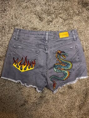Aeropostale Gray Blue Denim Shorts with Teal Dragon & Yellow-Red Flame Paintings